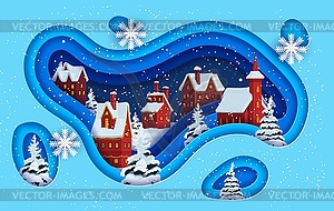 Christmas paper cut greeting card with winter town - vector clipart