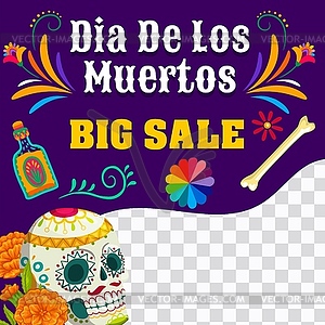 Day of Dead sale banner, sugar skull and marigolds - vector image