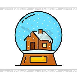 Christmas ball with house in snow, line icon - vector clipart