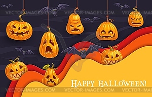 Halloween paper cut banner with pumpkins, bats - vector image