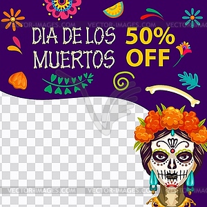 Day of Dead holiday sale banner, Catrina character - vector clipart