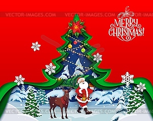 Мультяшная праздничная елка, вырезанная из бумаги, и Санта с оленем - векторный клипарт EPS