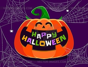 Halloween holiday pumpkin banner with spiders - vector image