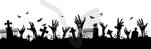 Scary cemetery landscape, zombie hand silhouettes - vector clip art