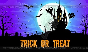 Halloween castle landscape with ghosts and bats - vector clipart