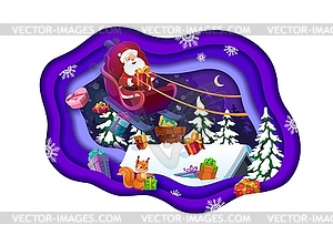 Cartoon paper cut banner, flying Santa on sleigh - vector image