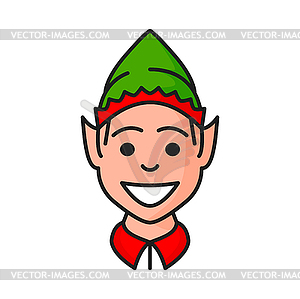 Christmas elf in green hat, Santas helper face - vector image