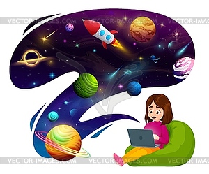 Child girl on chair with laptop dreaming of space - royalty-free vector image