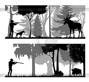 Hunter with riffle, animal in forest silhouettes - vector clipart