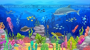 Cartoon ocean underwater landscape with dolphin - vector clip art