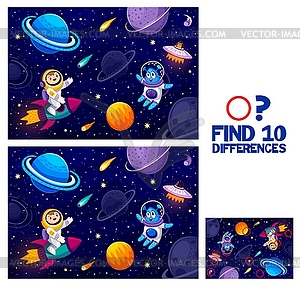 Find ten differences game, cartoon astronaut alien - vector image