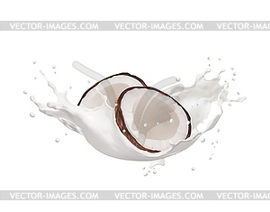 Realistic white coconut milk flow and splash flow - vector image