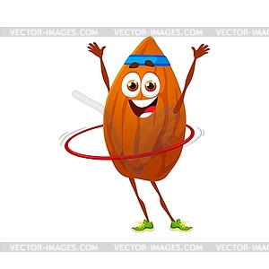 Cartoon almond nut character t with hula hoop - vector image