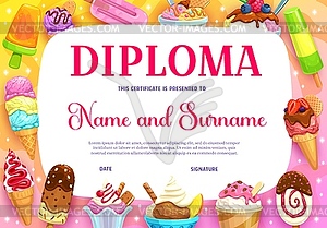 Kids diploma, cartoon sundae, ice cream chocolate - vector clipart