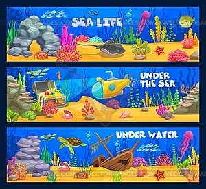 Underwater landscape, cartoon sea animals, seaweed - vector image