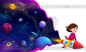 Cartoon kid girl flying on space rocket in galaxy - vector clipart