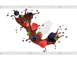 Realistic chocolate milk drink splash with berries - vector image