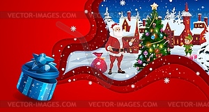Christmas paper cut greeting card Santa with elf - stock vector clipart
