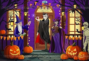 Halloween holiday characters on porch at door - vector image