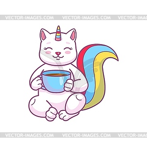 Cartoon cute caticorn character with tea or coffee - vector image