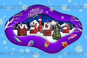 Рождественский пейзаж из вырезанных из бумаги зимних городских домов - векторный графический клипарт