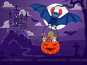 Halloween nigh landscape with dark castle and bat - vector clip art