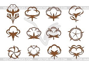 Cotton icons, organic plant flowers and soft fiber - vector image