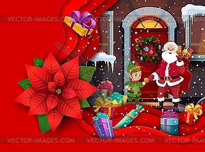 Christmas paper cut poinsettia, Santa with elf - vector clipart