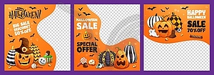 Halloween sale banners with pumpkins and candies - vector image