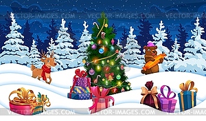 Christmas paper cut forest landscape with animals - vector clip art