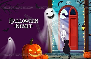 Halloween holiday door and porch with ghosts, bats - vector image