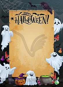 Halloween greetings, cartoon ghosts and scroll - vector clip art