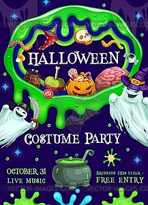 Halloween party flyer, green slime and ghosts - color vector clipart