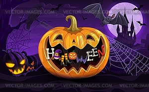 Halloween pumpkin, bats, castle midnight landscape - vector clipart