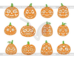 Halloween, Dia de Muertos Mexican pumpkin skulls - vector clip art