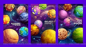 Cartoon galaxy space planets posters or flyers - stock vector clipart
