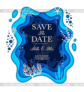 Wedding invitation with sea paper cut seaweeds - stock vector clipart