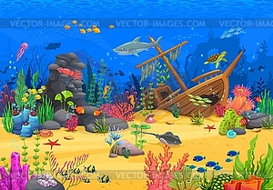 Game level, with cartoon sea underwater animals - vector image