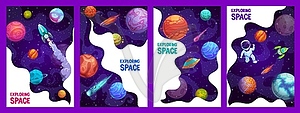 Cartoon space posters, rocket, astronaut spaceship - royalty-free vector image