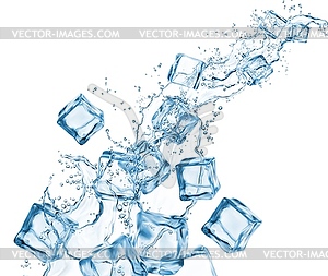 Liquid blue water flow splash and ice cubes drops - vector image