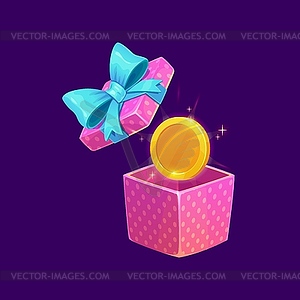 Game gift box and coin. Bonus, present, prize icon - vector image