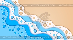 Прибой морских волн на фоне песчаного пляжа, вырезанного из бумаги - клипарт в векторном формате