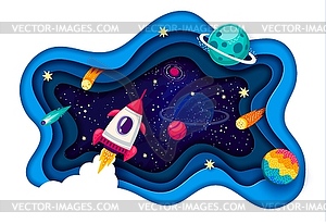 Space paper cut, rocket, starry galaxy, planets - vector clipart