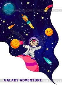 Cartoon kid astronaut on space planet poster - vector clipart