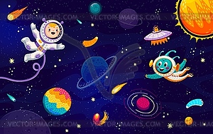 Cartoon kid astronaut and alien in outer space - vector clipart