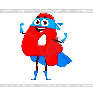 Cartoon math number four superhero character - vector image