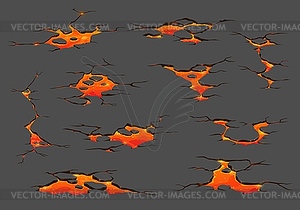 Volcano lava, magma fire ground cracks cartoon set - vector clipart