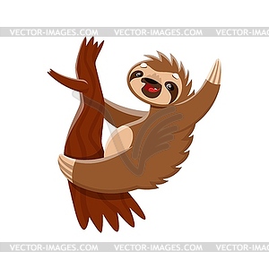 Мультяшный персонаж-ленивец, взгромоздившийся на ствол дерева - иллюстрация в векторе