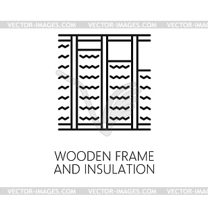 Wooden frame and wall thermal insulation icon - vector image