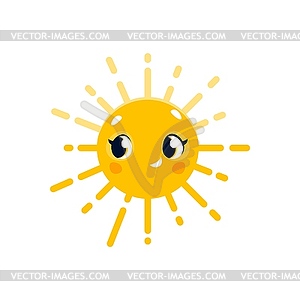 Cartoon happy sun character, emoji face with smile - vector image